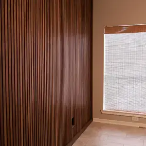 showcasing a wooden slat wall